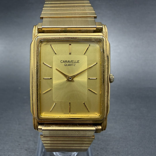 Bulova Caravelle Tank Watch Men 26mm Gold Dial Gold Tone Rectangle New Battery0