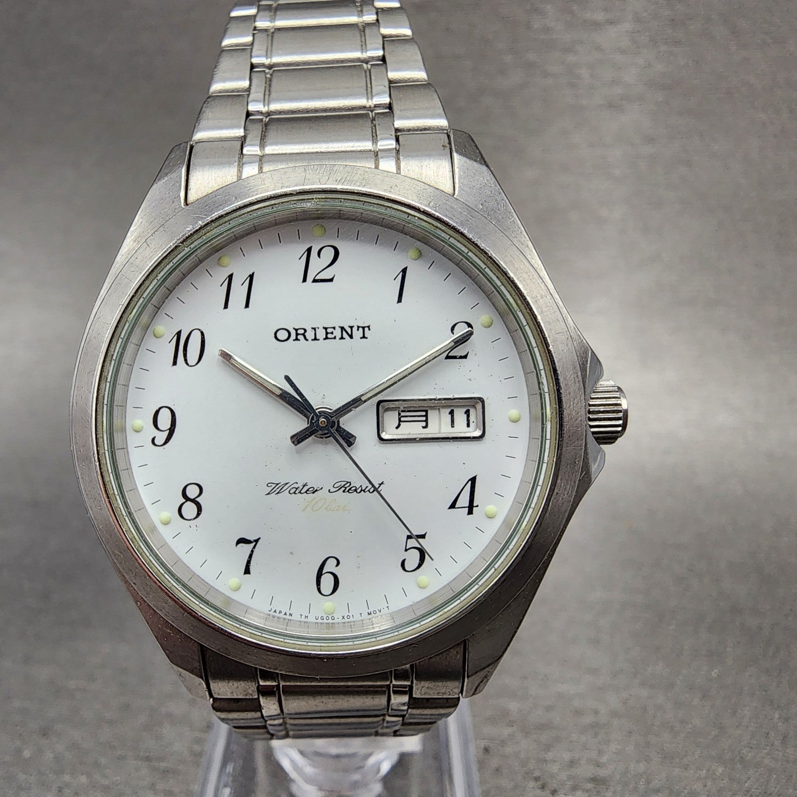 Orient Watch Men 35mm White Dial Silver Tone Daydate Round New Battery0