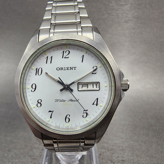 Orient Watch Men 35mm White Dial Silver Tone Daydate Round New Battery0