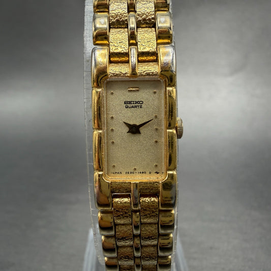 Seiko Tank Watch Women 13mm Champagne Dial Gold Tone 2E20-6210 New Battery0