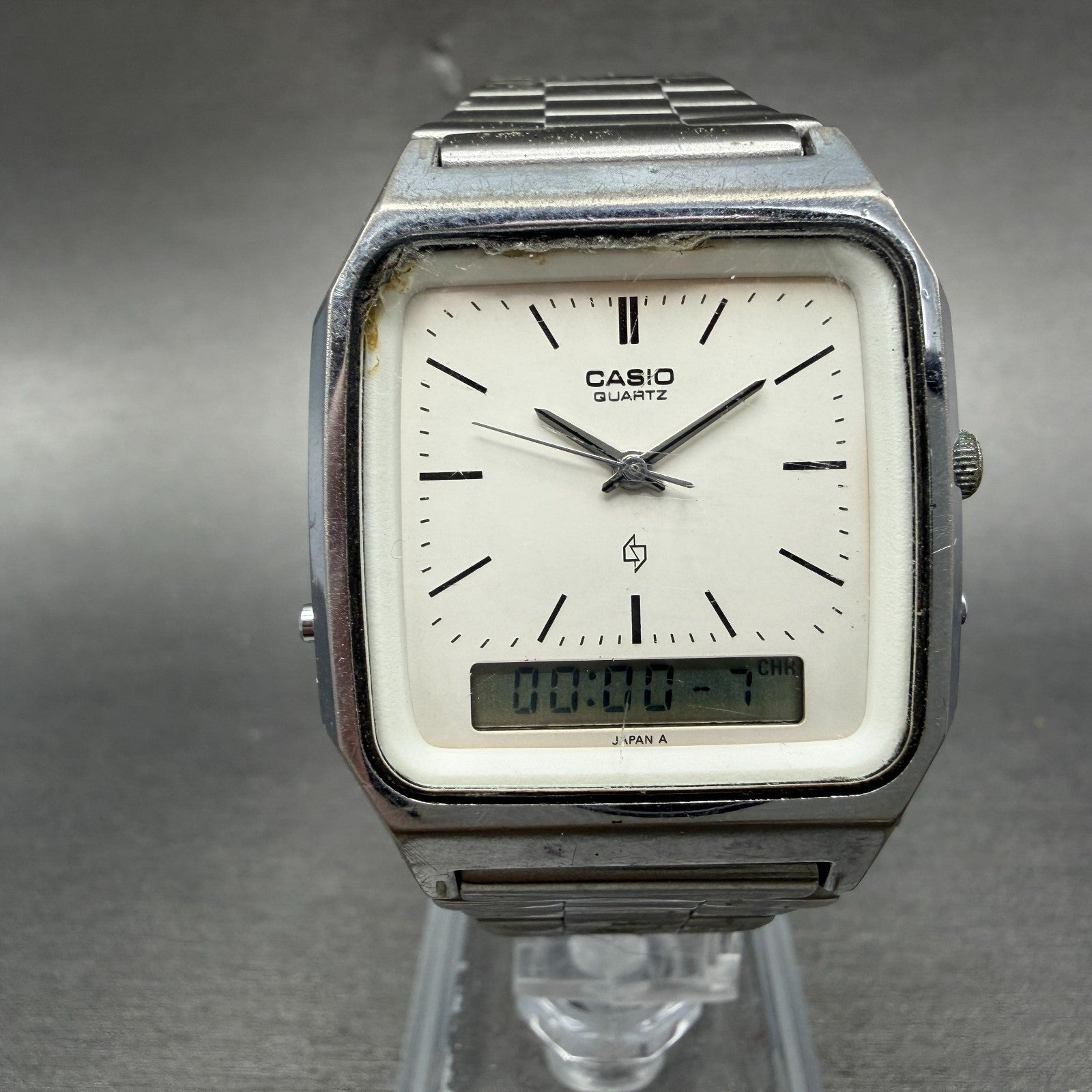 Casio AQ-320 Watch Men 31mm White Dial Silver Tone Analog Digital PARTS0