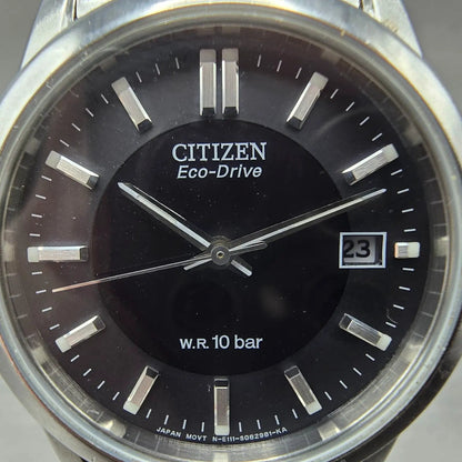 Citizen Eco-Drive Watch Men 35mm Black Dial Silver Tone Date E111-S053846 Runs1