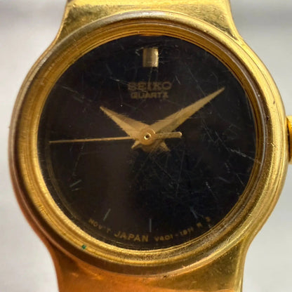 Seiko Watch Women 19mm Black Dial Gold Tone Round V401-0518 New Battery Vintage1