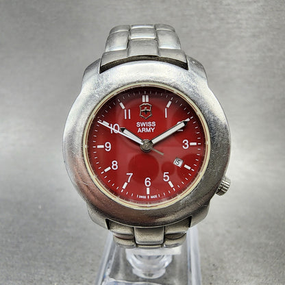 Victorinox Swiss Army V7 Watch Women 31mm Red Dial Silver Tone Date Round NewBat0