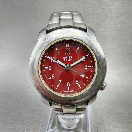 Victorinox Swiss Army V7 Watch Women 31mm Red Dial Silver Tone Date Round NewBat0