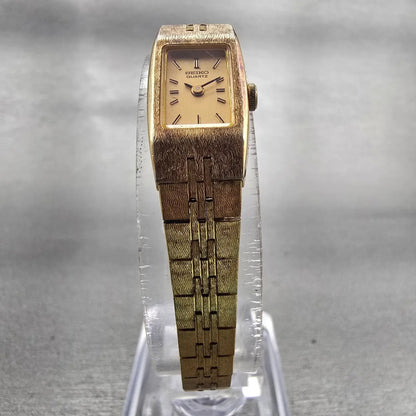 Seiko Watch Women 12mm Gold Dial Gold Tone Rectangle 2E20-5559 New Battery VTG5