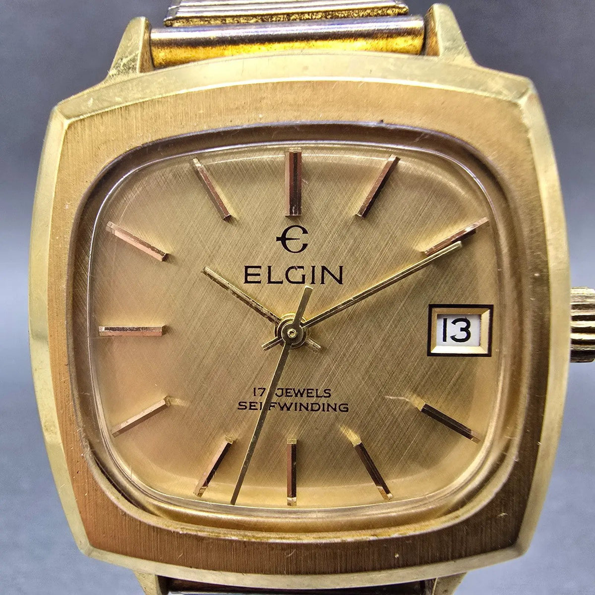 Elgin Automatic Watch Men 33mm Gold Dial Gold Tone Date Rectangle Eta 2873 PARTS2