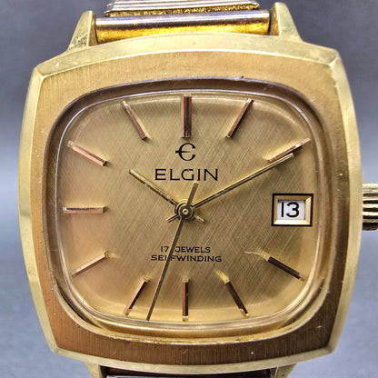 Elgin Automatic Watch Men 33mm Gold Dial Gold Tone Date Rectangle Eta 2873 PARTS2