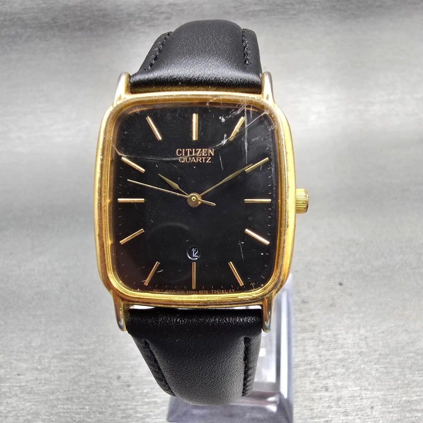 Citizen Watch Men 27mm Black Dial Gold Tone Date Rectangle 5010 New Battery0
