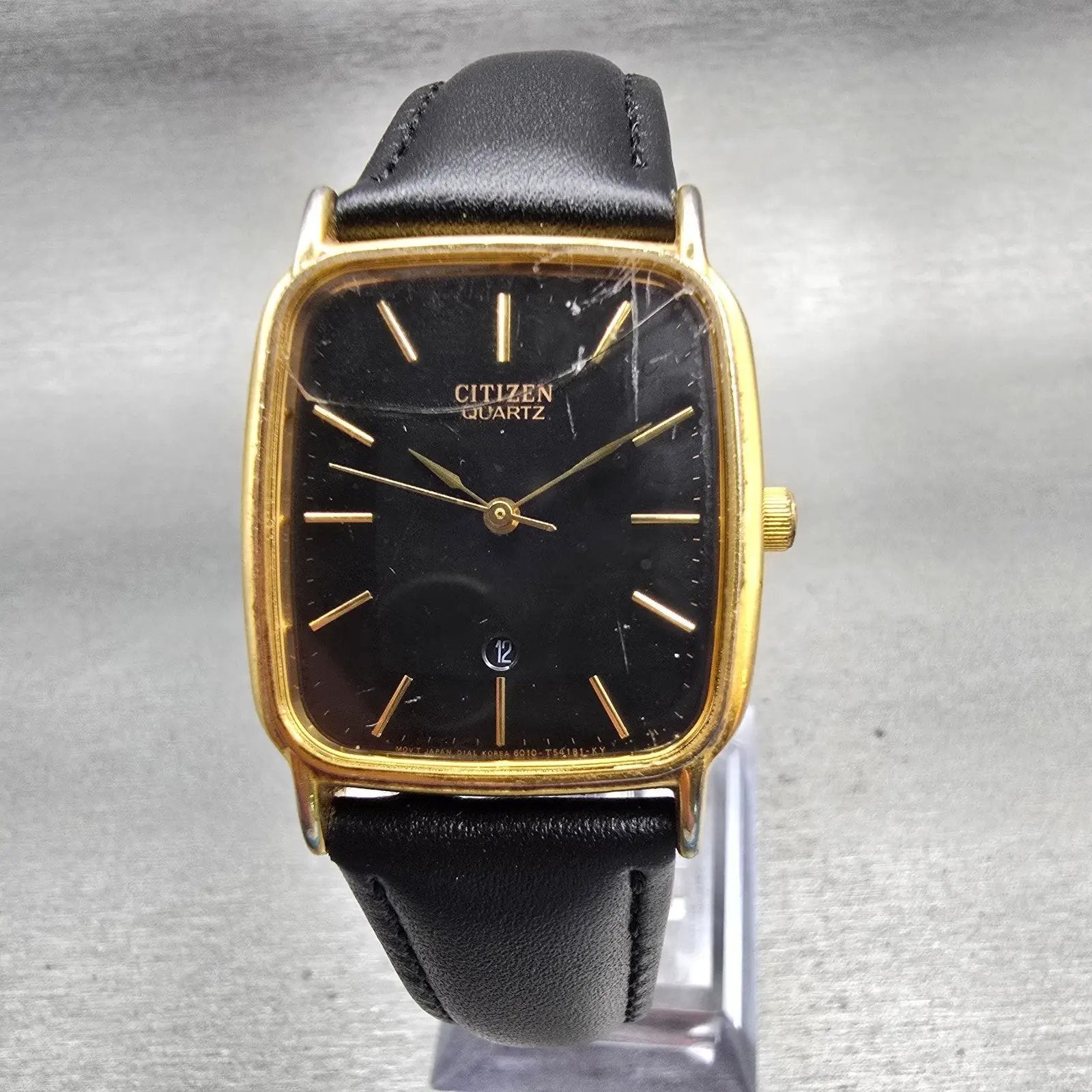 Citizen Watch Men 27mm Black Dial Gold Tone Date Rectangle 5010 New Battery0