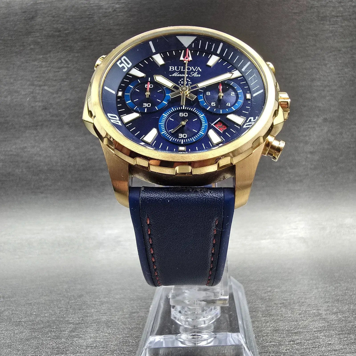Bulova Marine Star Chronograph Watch Men 44mm Blue Dial Gold 97B168 New Battery5