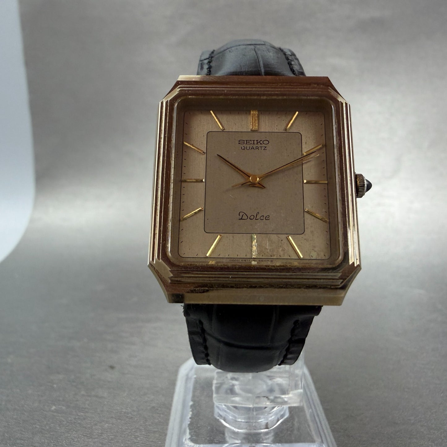 Seiko Dolce Tank Watch Men 29mm Champagne Dial Gold Tone 5931-5490 New Battery5