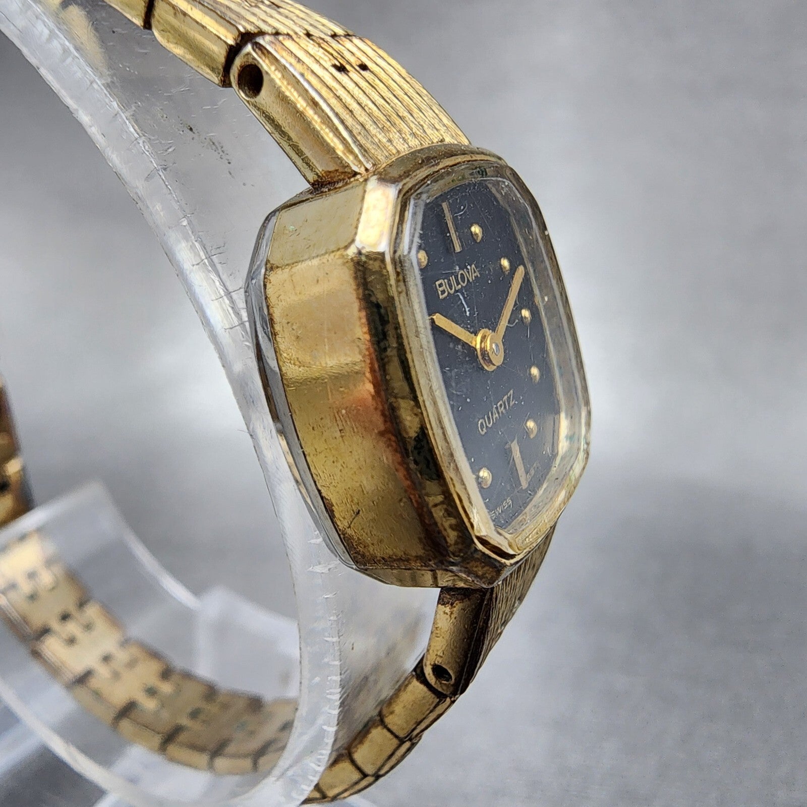 VTG Bulova Watch Women 16mm Black Dial Gold Tone Rectangle 6971 New Battery3