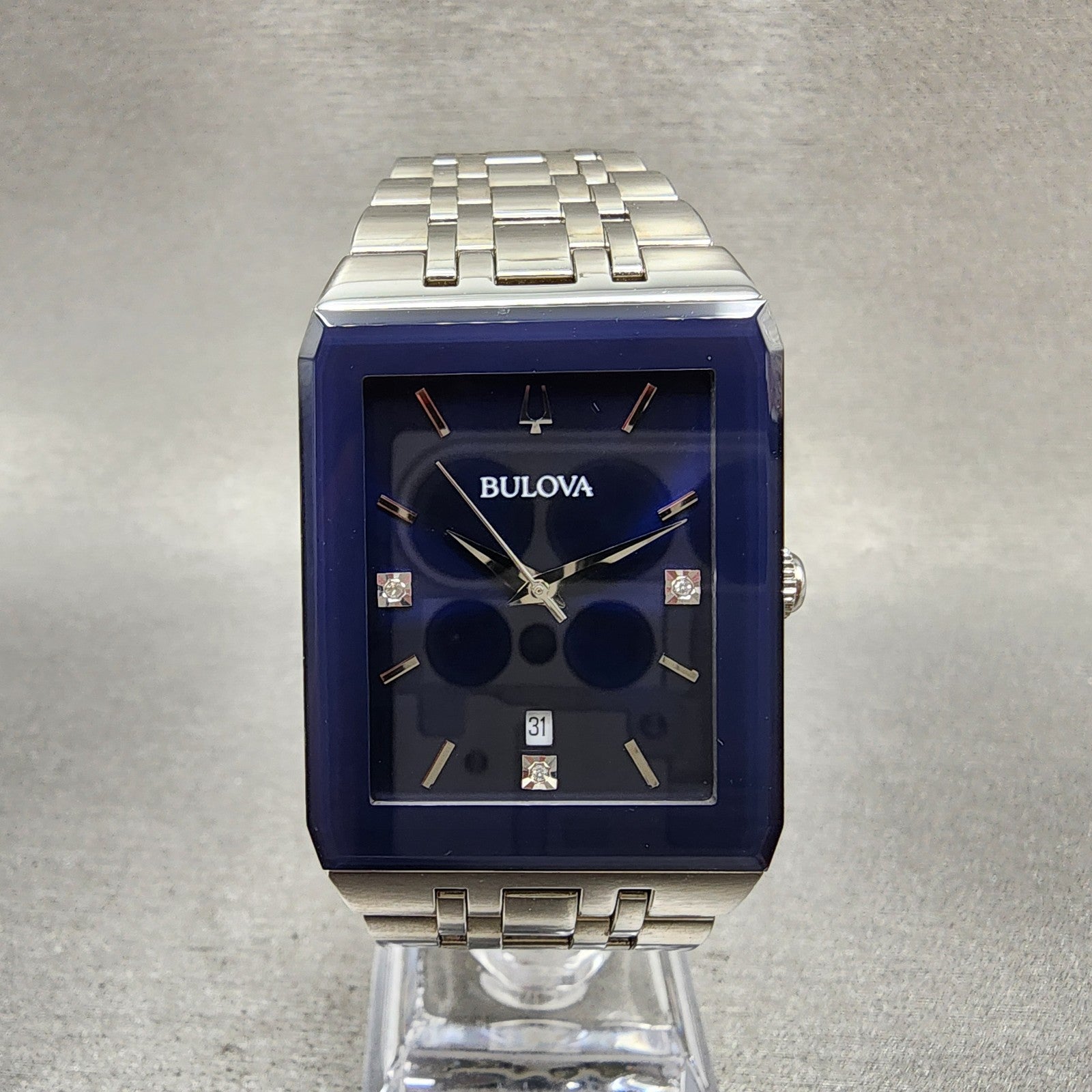 Bulova Quadra Tank Watch Men 31mm Blue Dial Silver Tone Rectangle 96D139 W/Box2