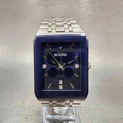 Bulova Quadra Tank Watch Men 31mm Blue Dial Silver Tone Rectangle 96D139 W/Box2