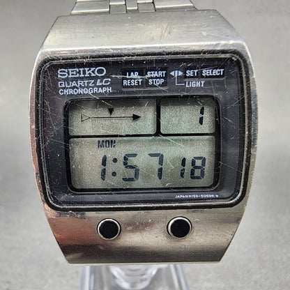 VTG Seiko Digital Watch Men 35mm Silver Tone Chronograph M159-5059 New Battery