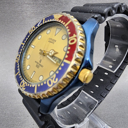 Citizen Dive Watch Men 40mm Gold Dial Blue Case Pepsi Bezel Round READ!!!!! Runs2