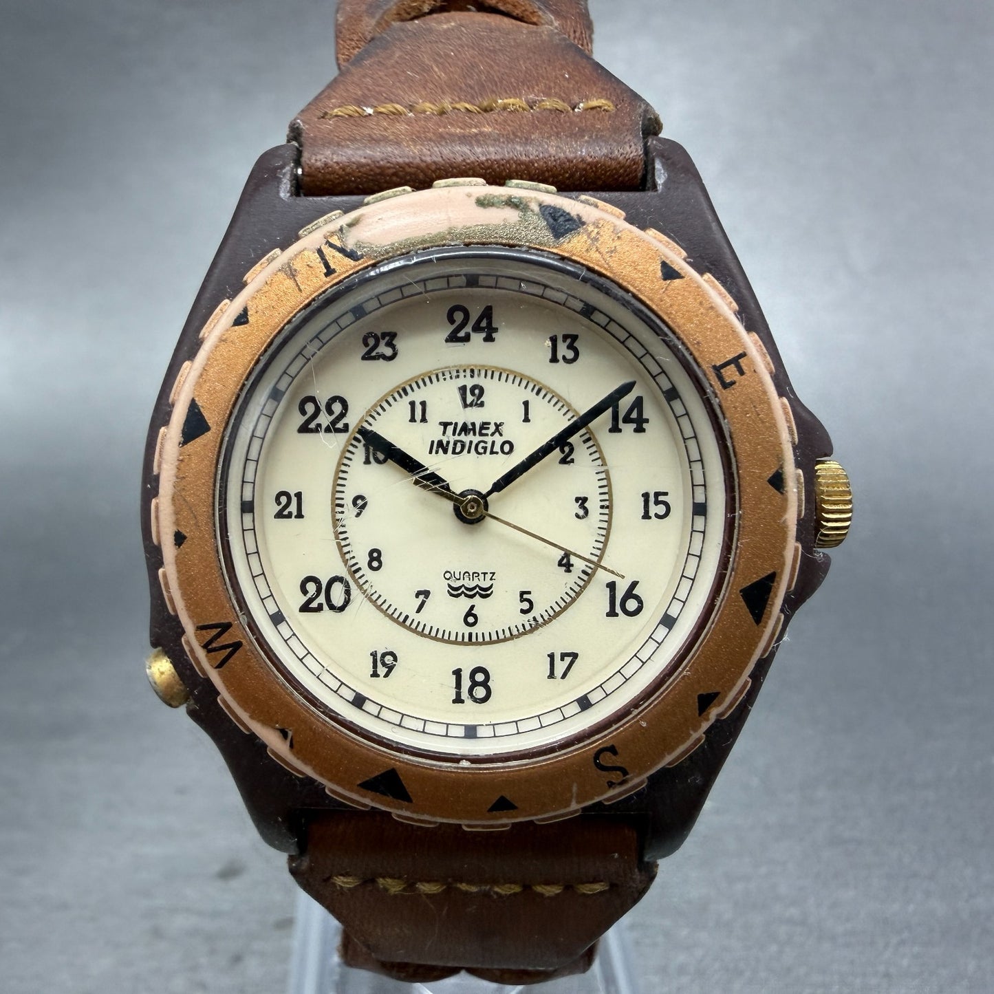 Timex Indiglo Watch Men 38mm Cream Dial Brown Tone Round New Battery VTG0