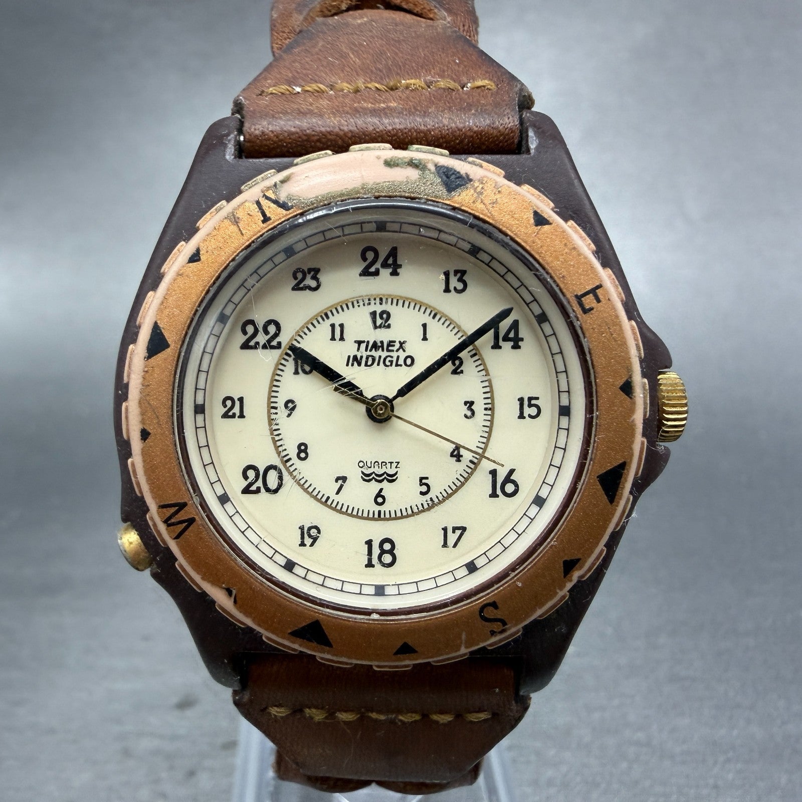 Timex Indiglo Watch Men 38mm Cream Dial Brown Tone Round New Battery VTG0