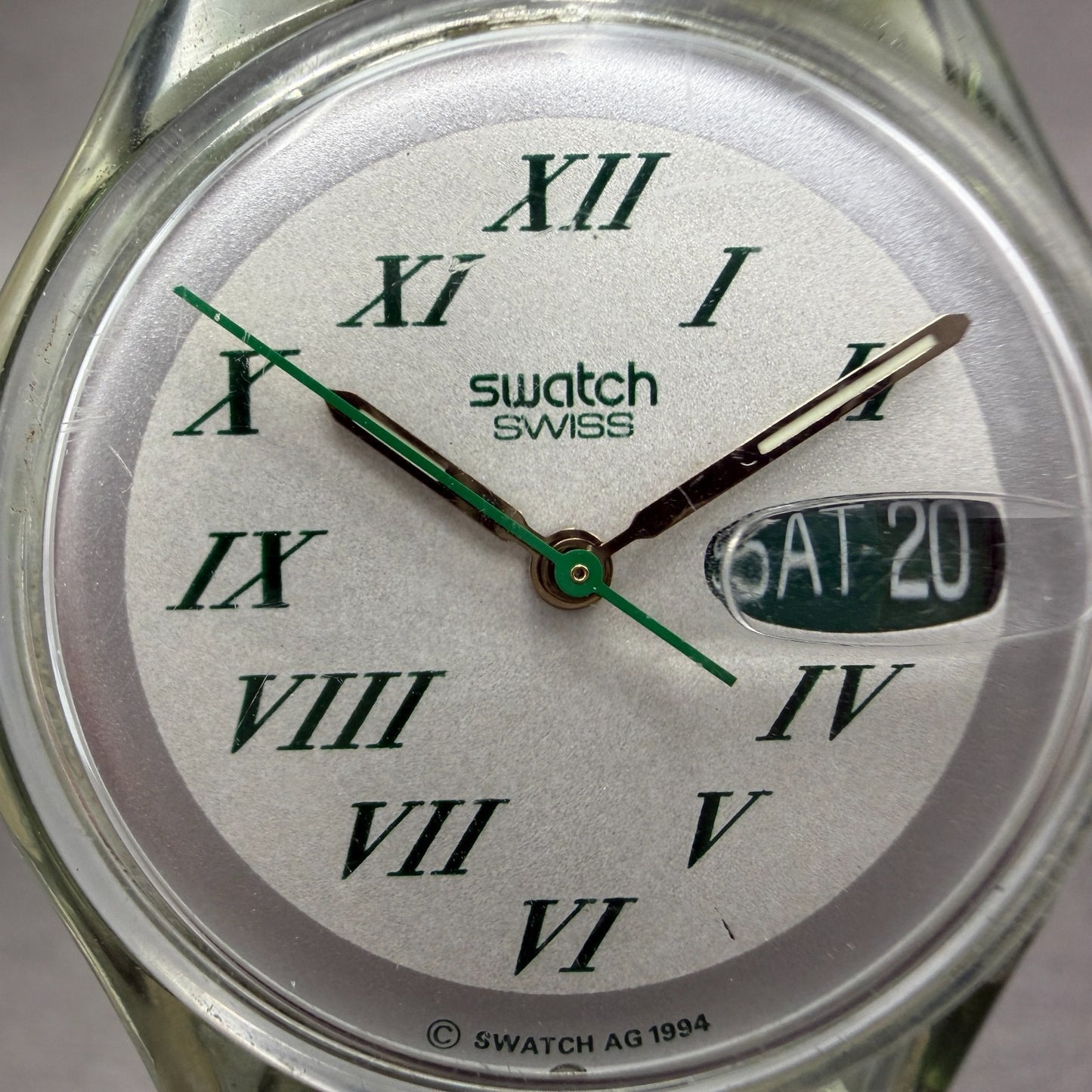 Swatch Green Lacquer Watch Men 34mm White Dial Clear Daydate GM709 New Battery1