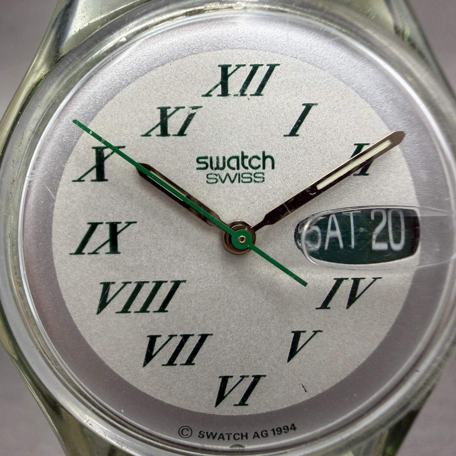 Swatch Green Lacquer Watch Men 34mm White Dial Clear Daydate GM709 New Battery1