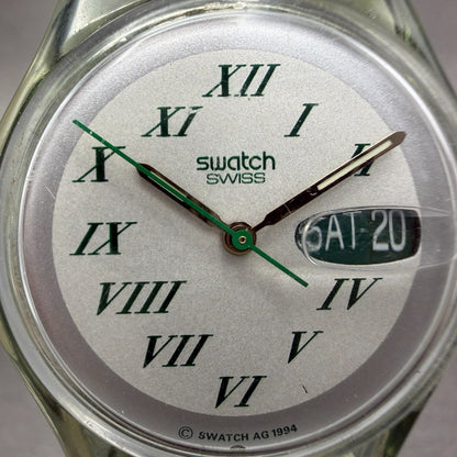 Swatch Green Lacquer Watch Men 34mm White Dial Clear Daydate GM709 New Battery1