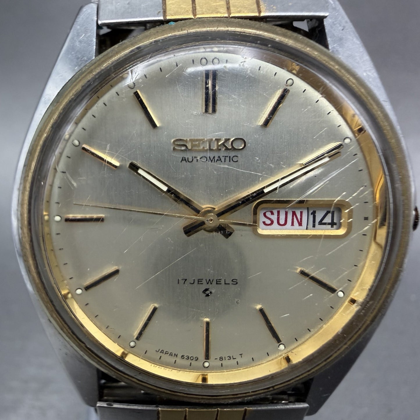 Seiko Automatic Watch Men 37mm Silver Dial Two Tone 6309-8029 Daydate Runs READ1