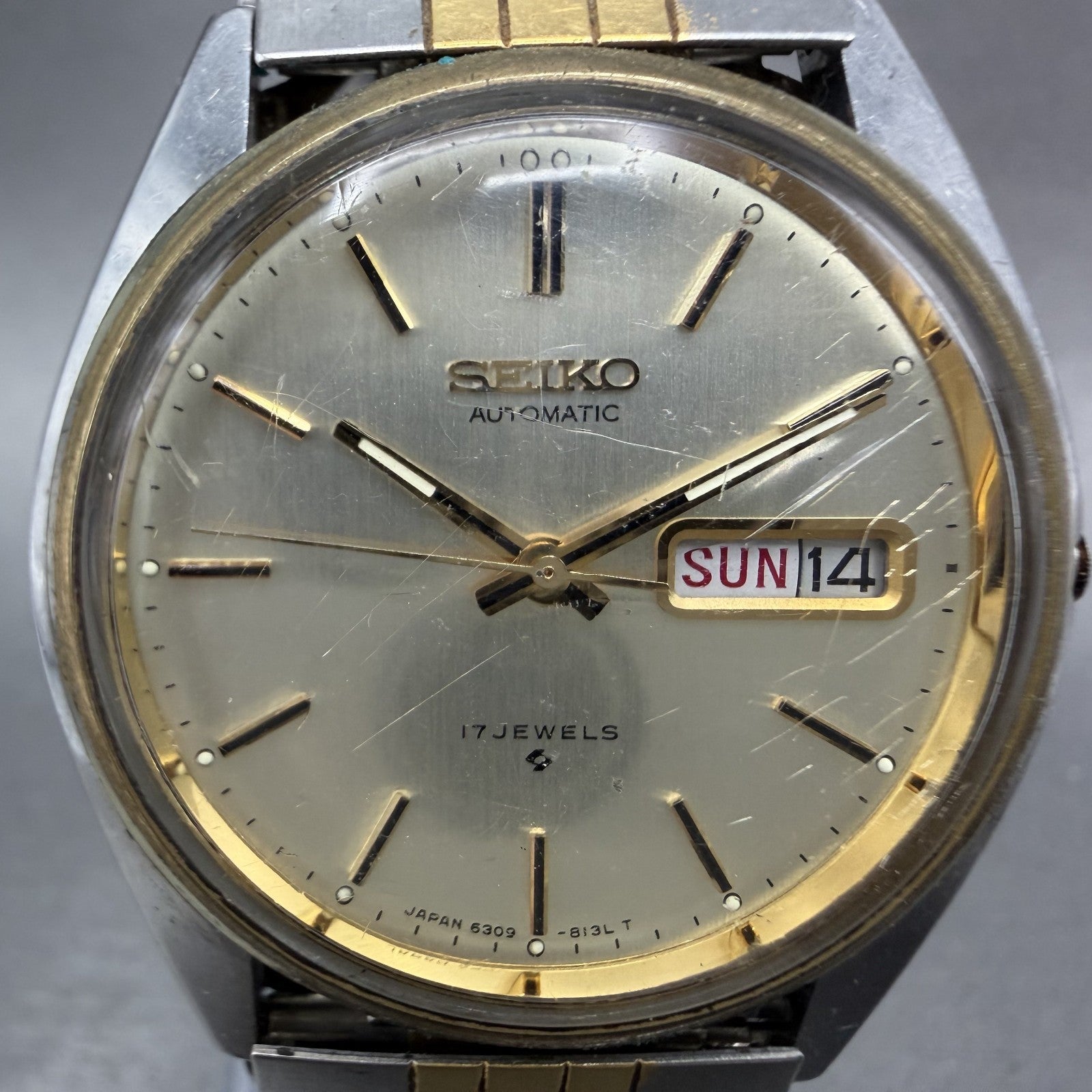 Seiko Automatic Watch Men 37mm Silver Dial Two Tone 6309-8029 Daydate Runs READ1