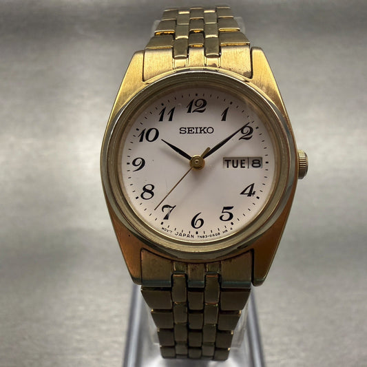 Seiko Watch Women 24mm White Dial Gold Tone Daydate Round 7N83-0011 New Battery0