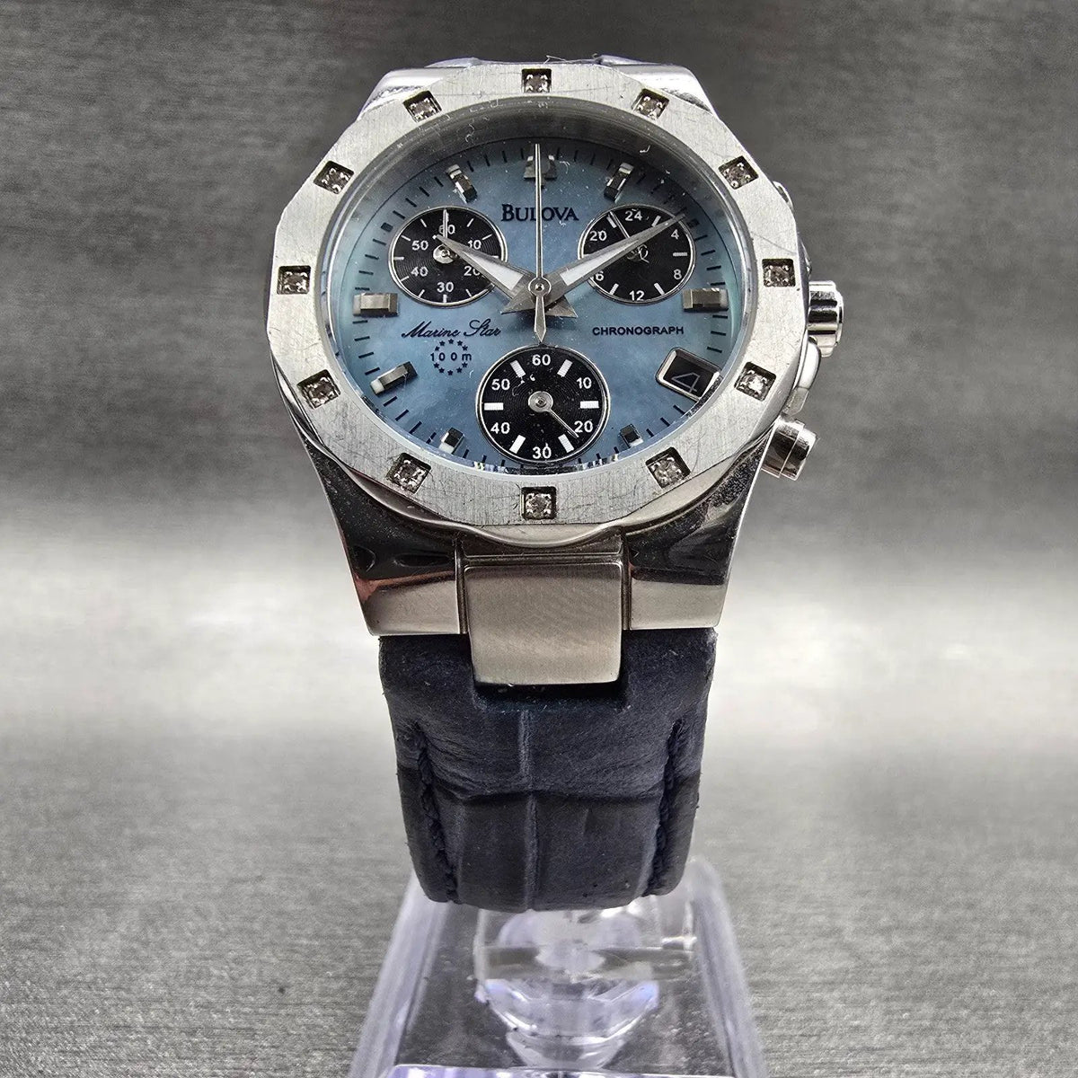 Bulova Marine Star Chronograph Watch Women 30mm MOP Dial Silver 96R30 New Batt5