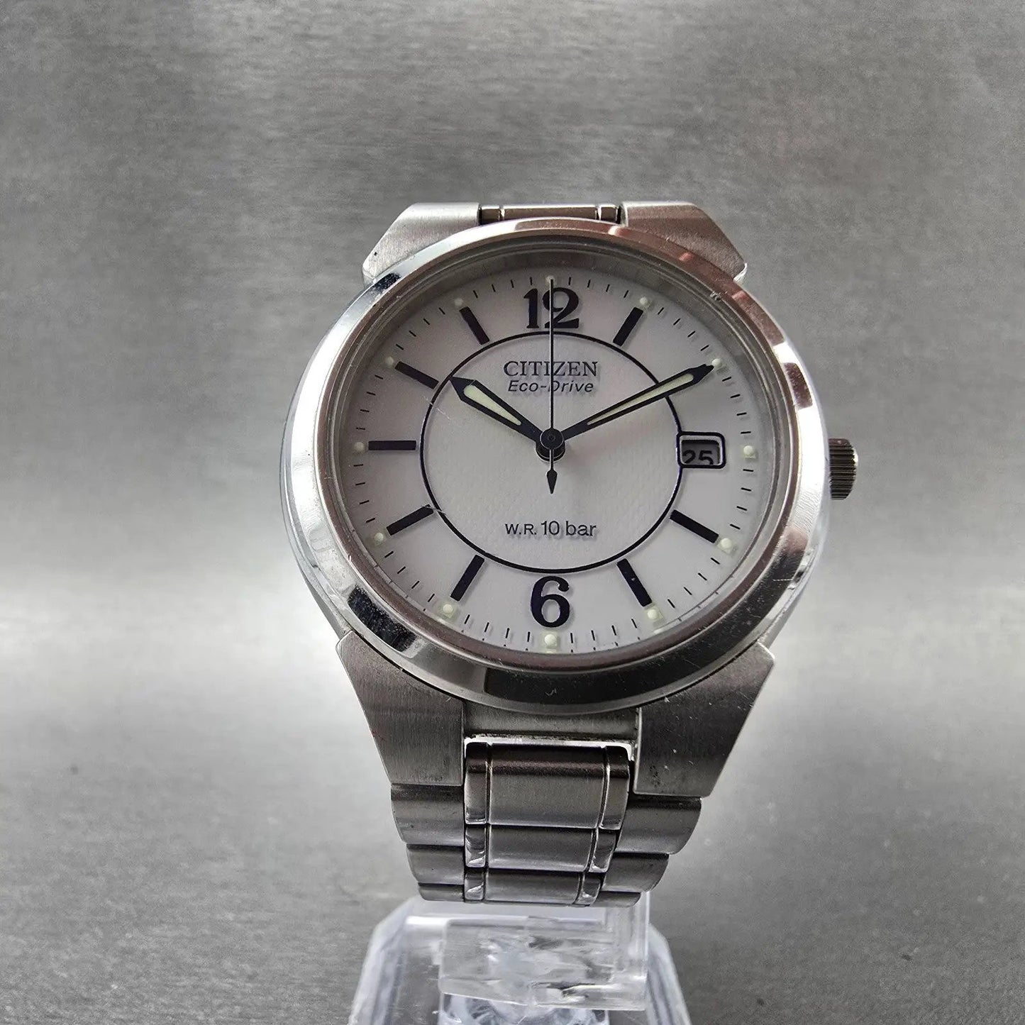 Citizen Eco-Drive Watch Men 36mm White Dial Silver Tone Date E111-S027161 Runs A5
