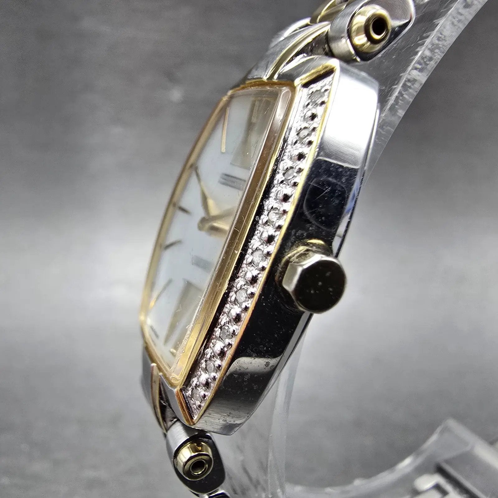 Seiko Solar Watch Women 22mm MOP Dial Two Tone Rectangle Diamonds Works BFSOK2