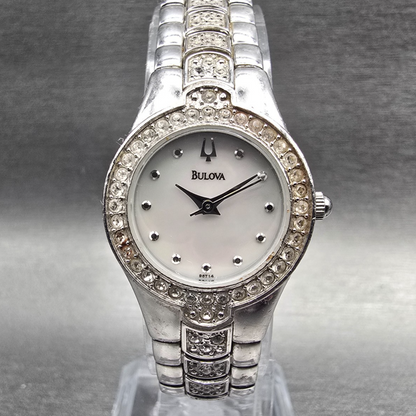 Bulova Watch Women 22mm MOP Dial Silver Tone Crystal Bezel 96T14 New Battery0