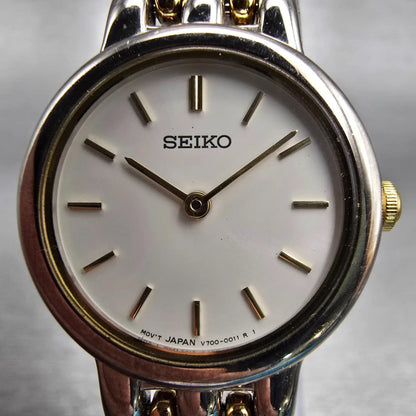Seiko Watch Women 24mm White Dial Two Tone Round V700-6379 New Battery Vintage1