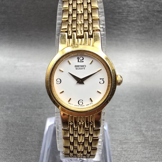 Seiko Watch Women 19mm White Dial Gold Tone Round V400-0368 New Battery0