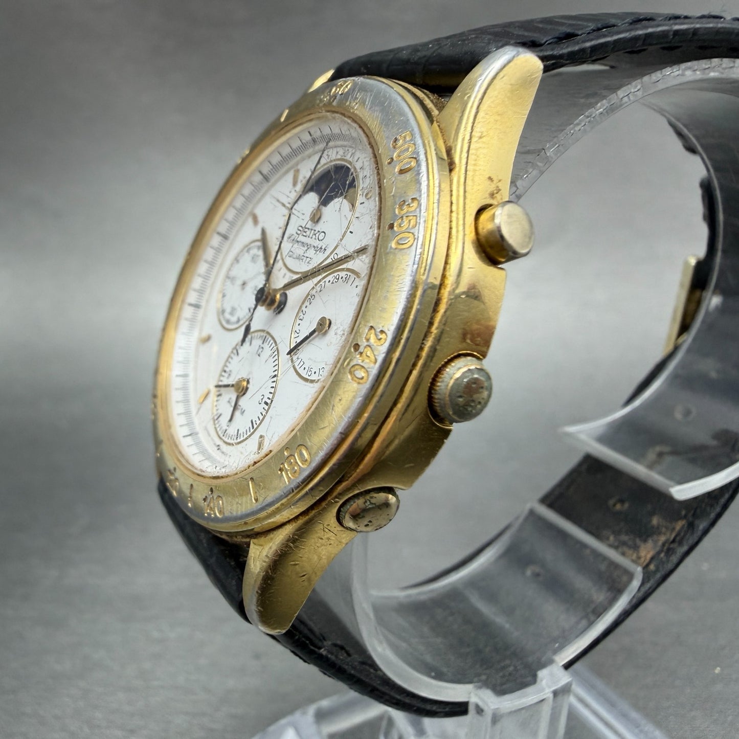 Seiko Moon Phase Chronograph Watch Men 38mm READ!! White Dial Gold Tone New Batt2