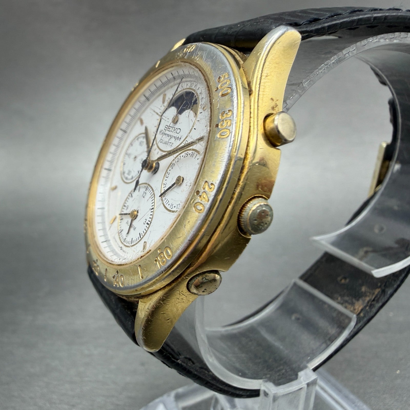 Seiko Moon Phase Chronograph Watch Men 38mm READ!! White Dial Gold Tone New Batt2