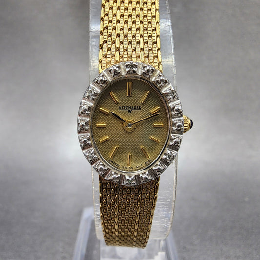 Wittnauer Watch Women 16mm Gold Dial Gold Tone Crystal Bezel 9800 New Battery0