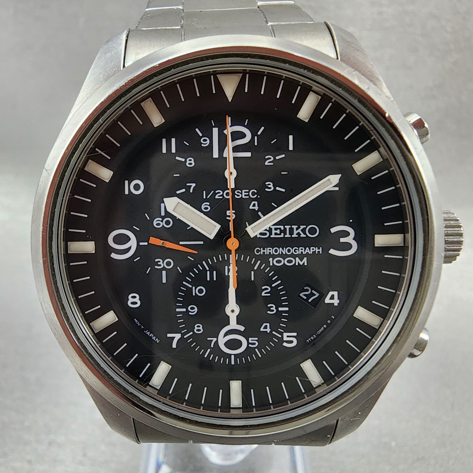 Seiko Chronograph Watch Men 43mm Black Dial Silver Tone Date 7T920JS0 New Batt1