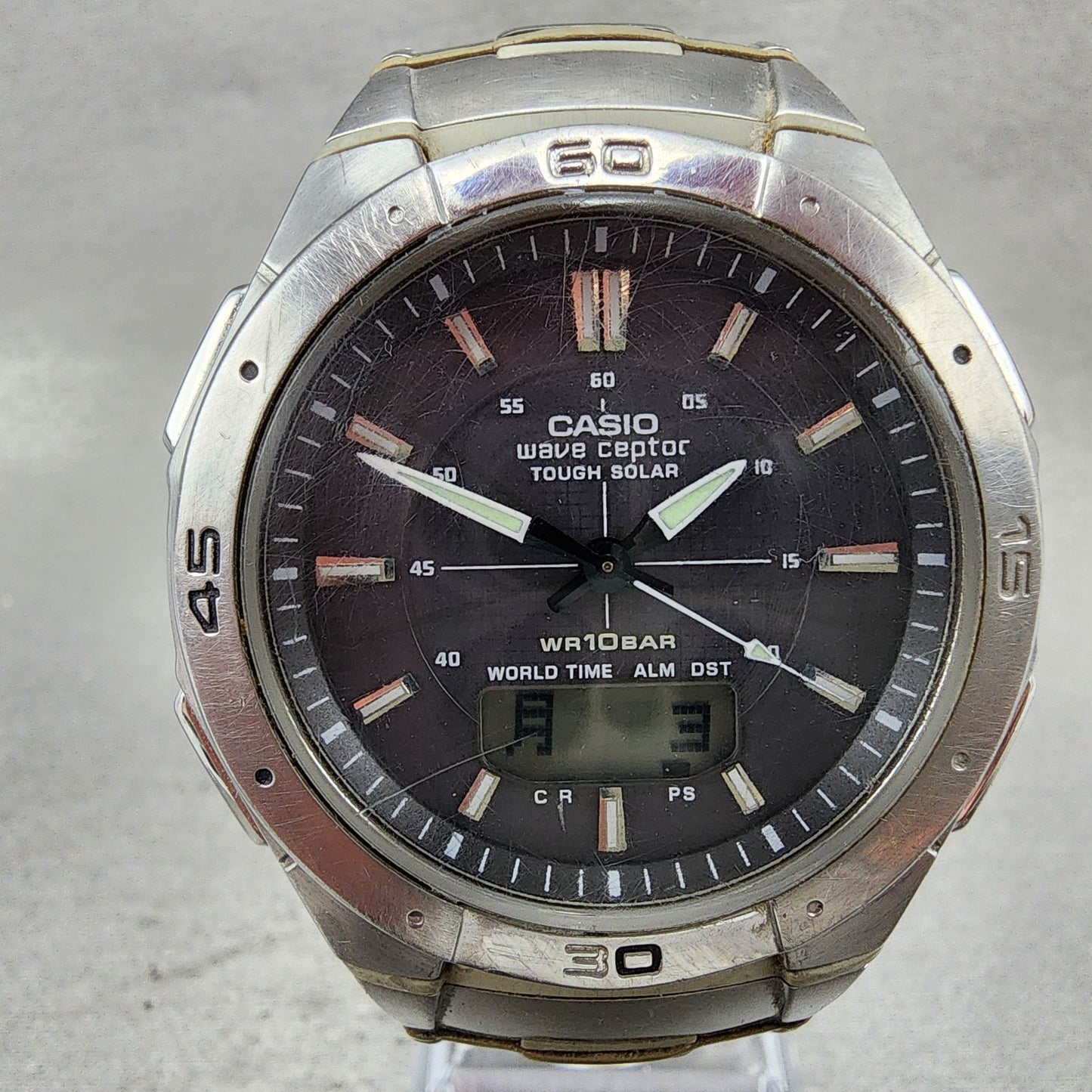 Casio Wave Ceptor Solar Watch Men 42mm Black Dial Analog Digital Steel Runs READ1