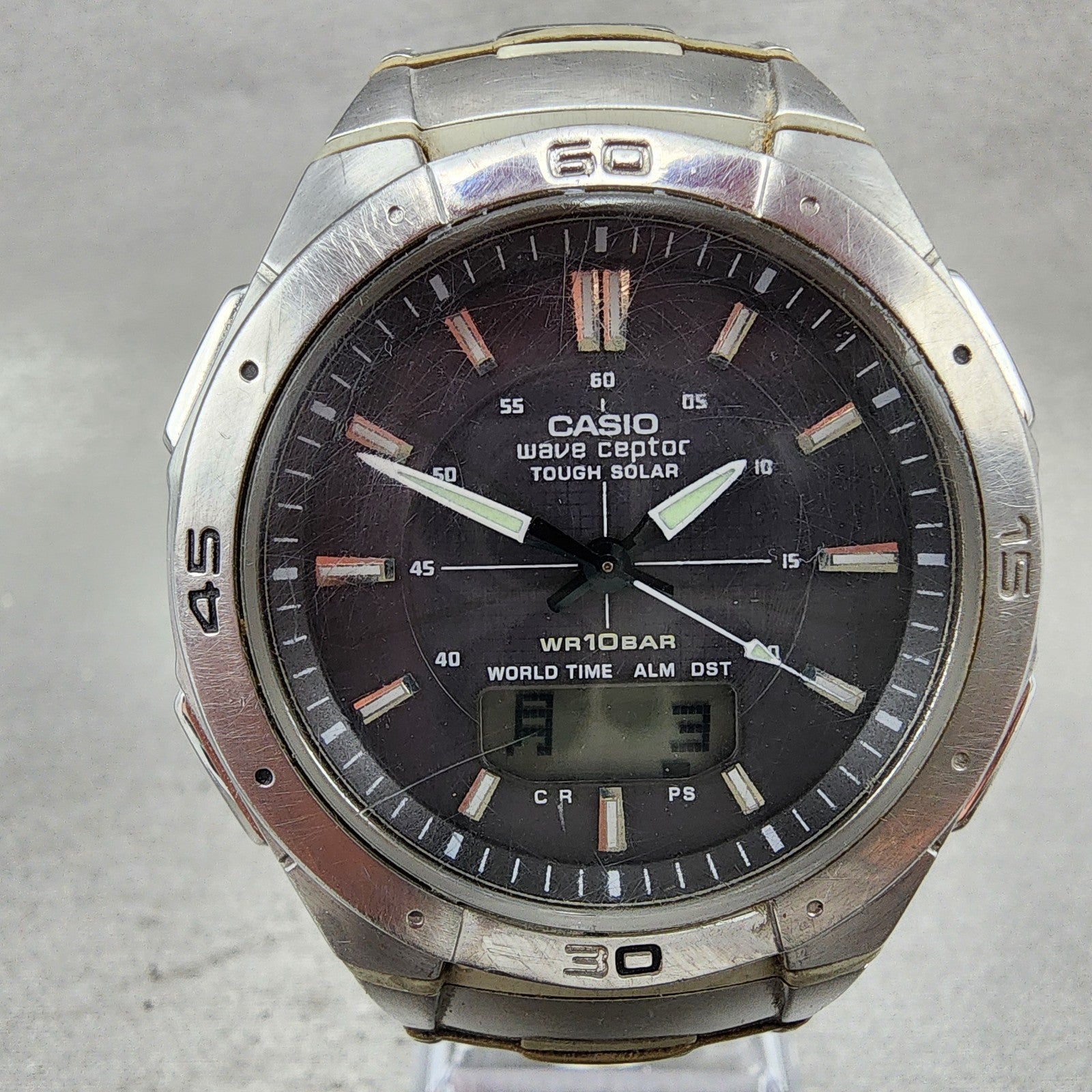 Casio Wave Ceptor Solar Watch Men 42mm Black Dial Analog Digital Steel Runs READ1