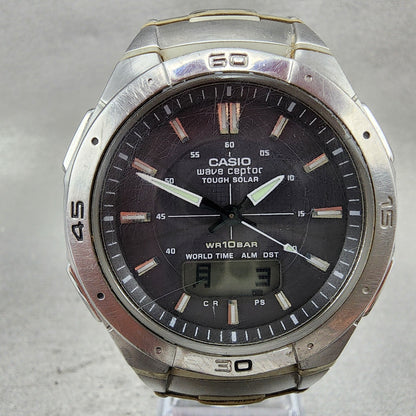 Casio Wave Ceptor Solar Watch Men 42mm Black Dial Analog Digital Steel Runs READ1