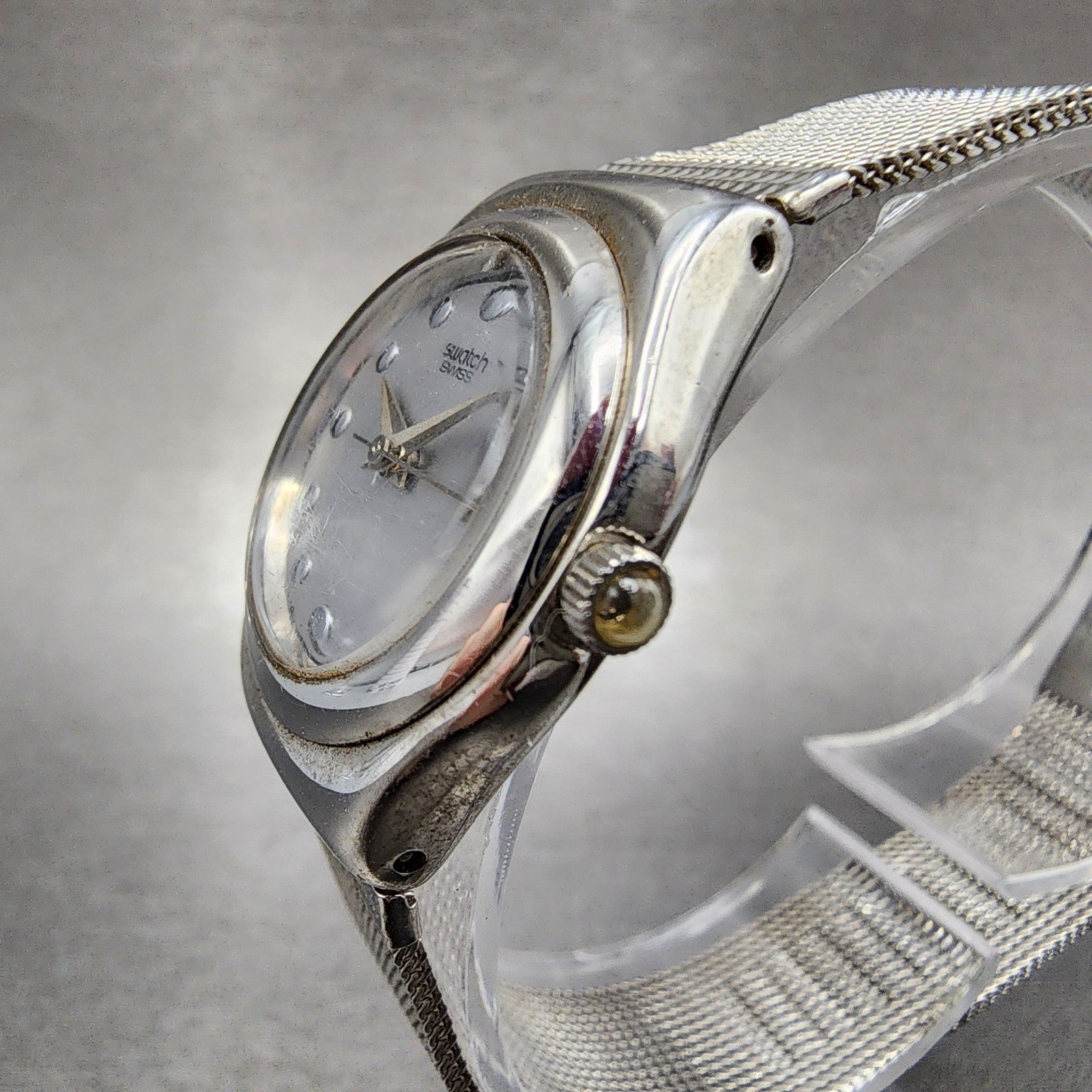 Swatch Irony Libertine Watch Women 24mm Silver Dial Steel Mesh Band New Battery2
