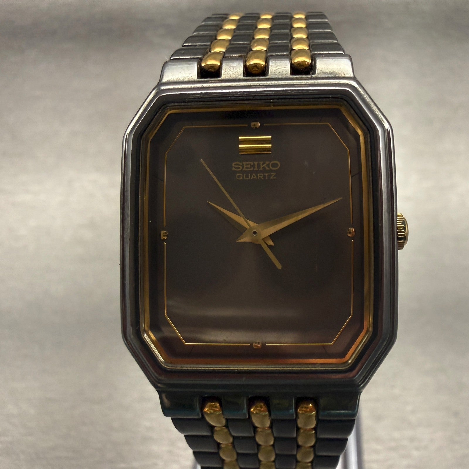 Seiko Watch Men 26mm Black Dial Two Tone Rectangle 5P31-5A59 New Battery0