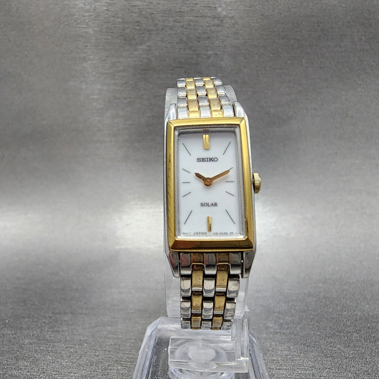 Seiko Solar Tank Watch Women 16mm White Dial Two Tone Rectangle V1160AA0 Runs5
