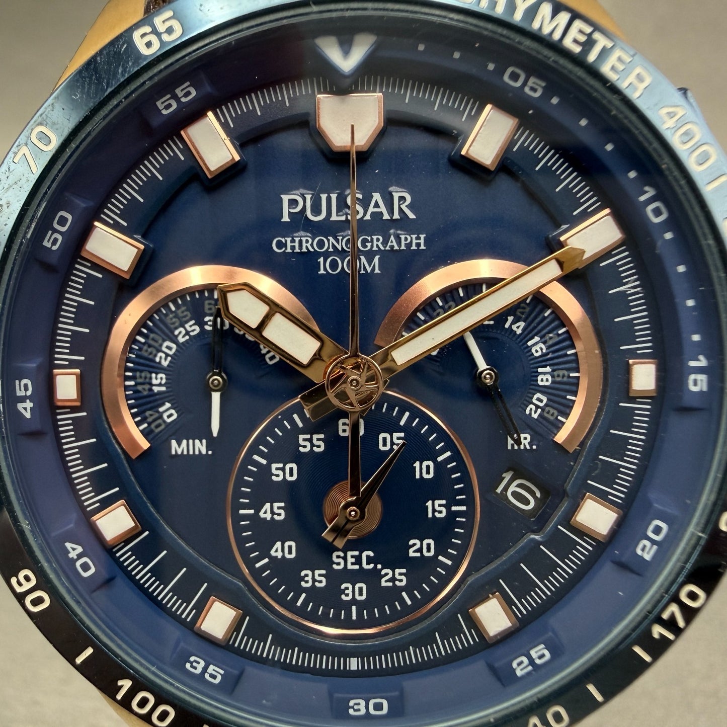 Pulsar Chronograph Watch Men 44mm Blue Dial Rose Gold Tone Date VK63-X001 Newbat1
