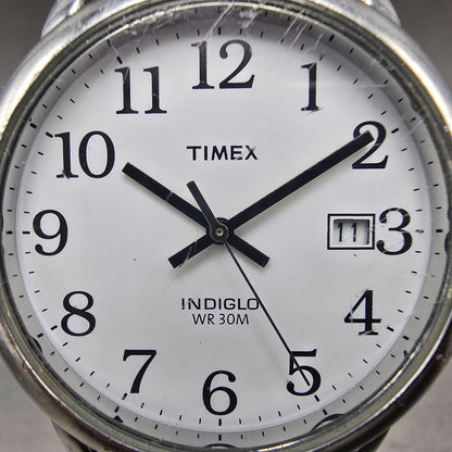 Timex Easy Reader Watch Men 35mm White Dial Silver Tone Date Round New Battery W1