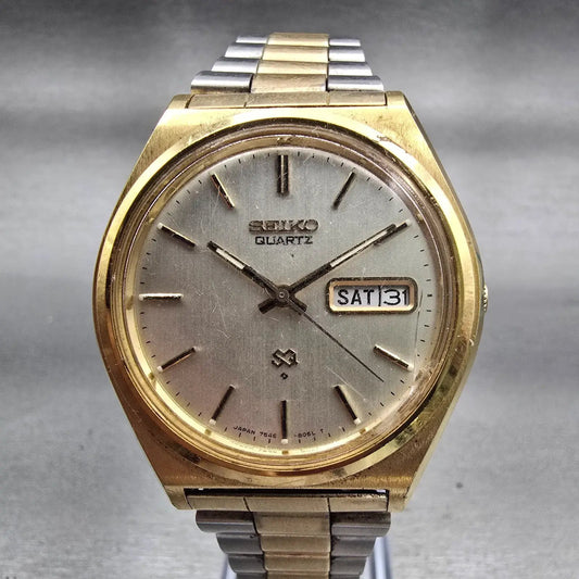 Seiko SQ Watch Men 37mm Silver Dial Two Tone Daydate Round 7546-8049 New Batt0