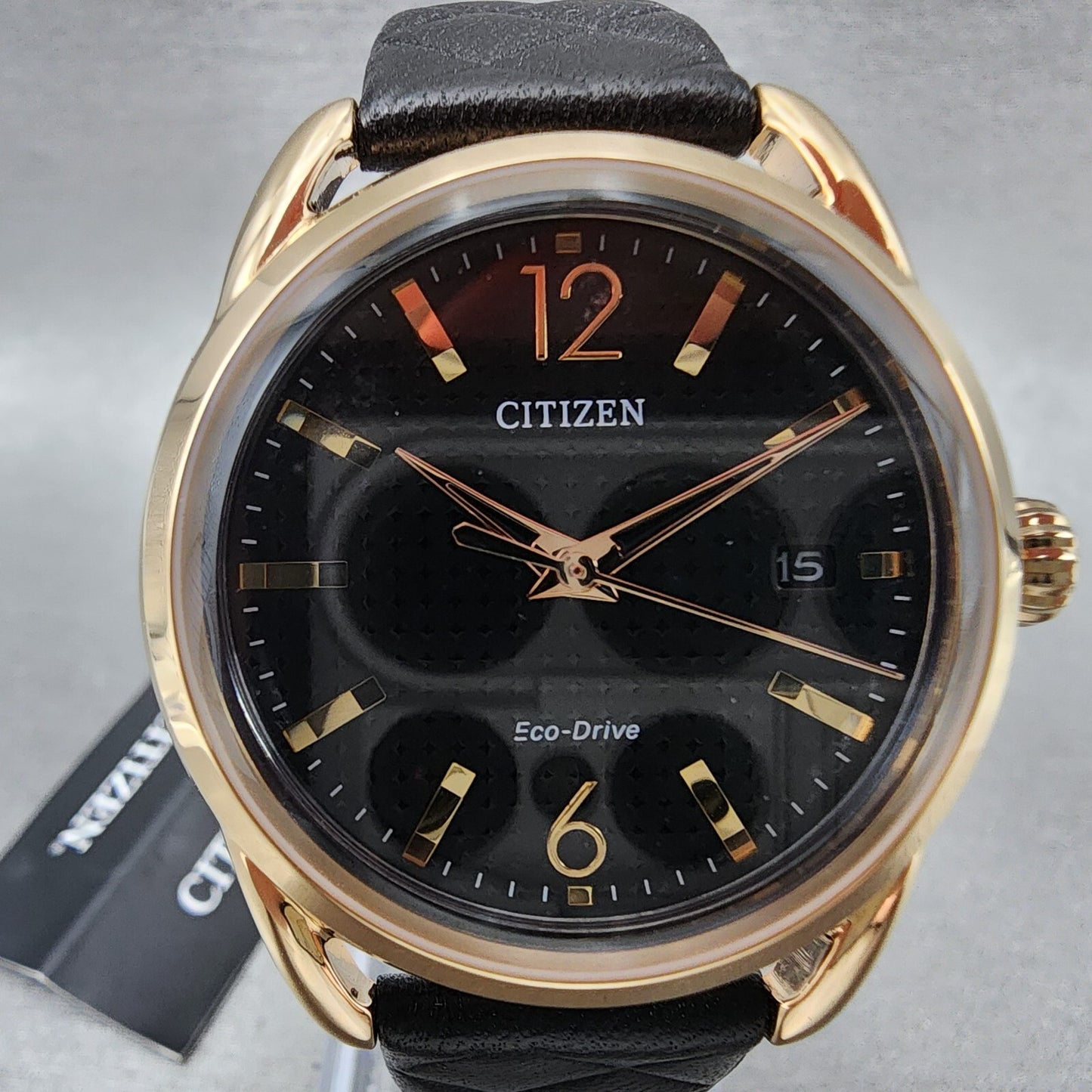 Citizen EcoDrive Watch Women 36mm Black Dial Rose Gold Tone Date Round FE60831