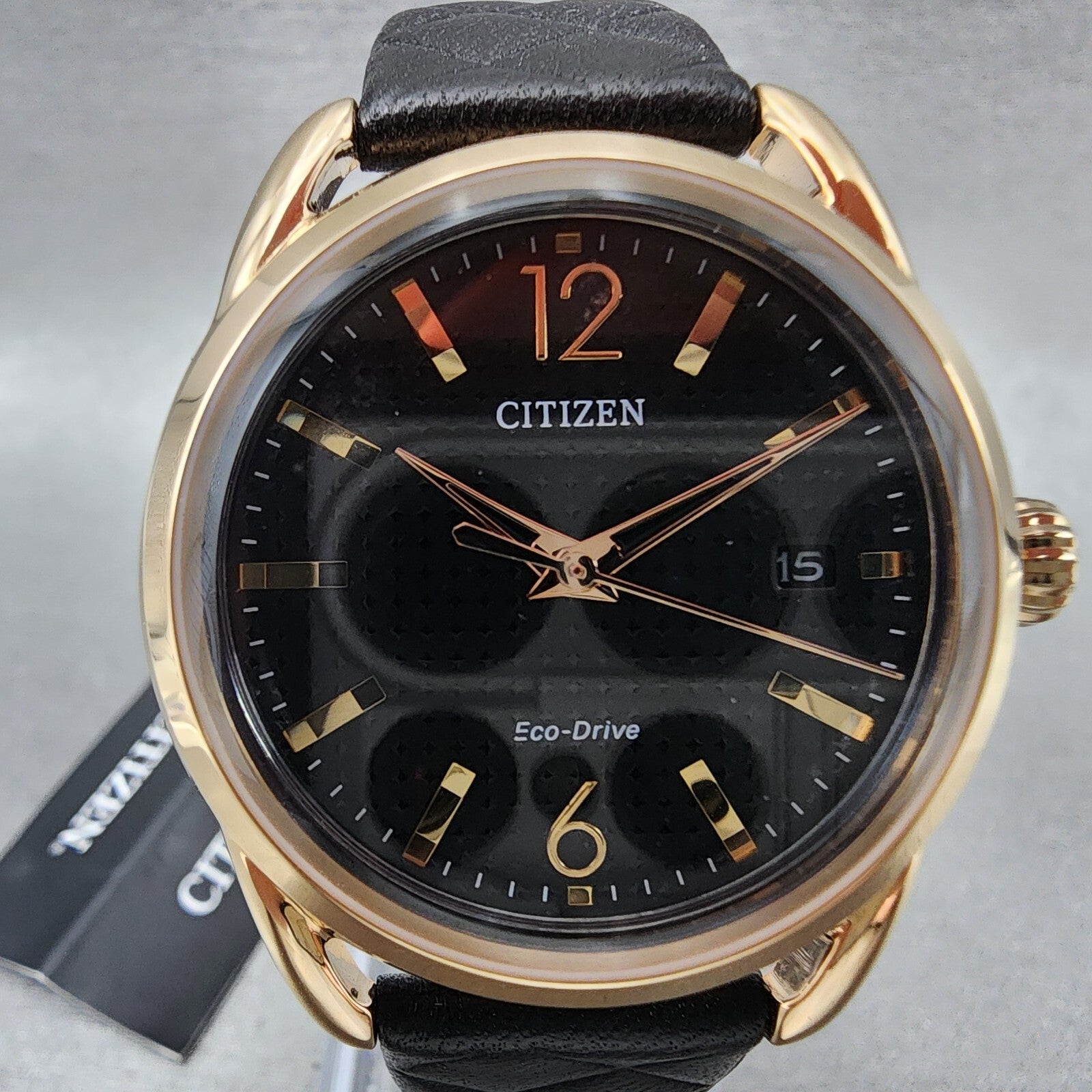 Citizen EcoDrive Watch Women 36mm Black Dial Rose Gold Tone Date Round FE60831